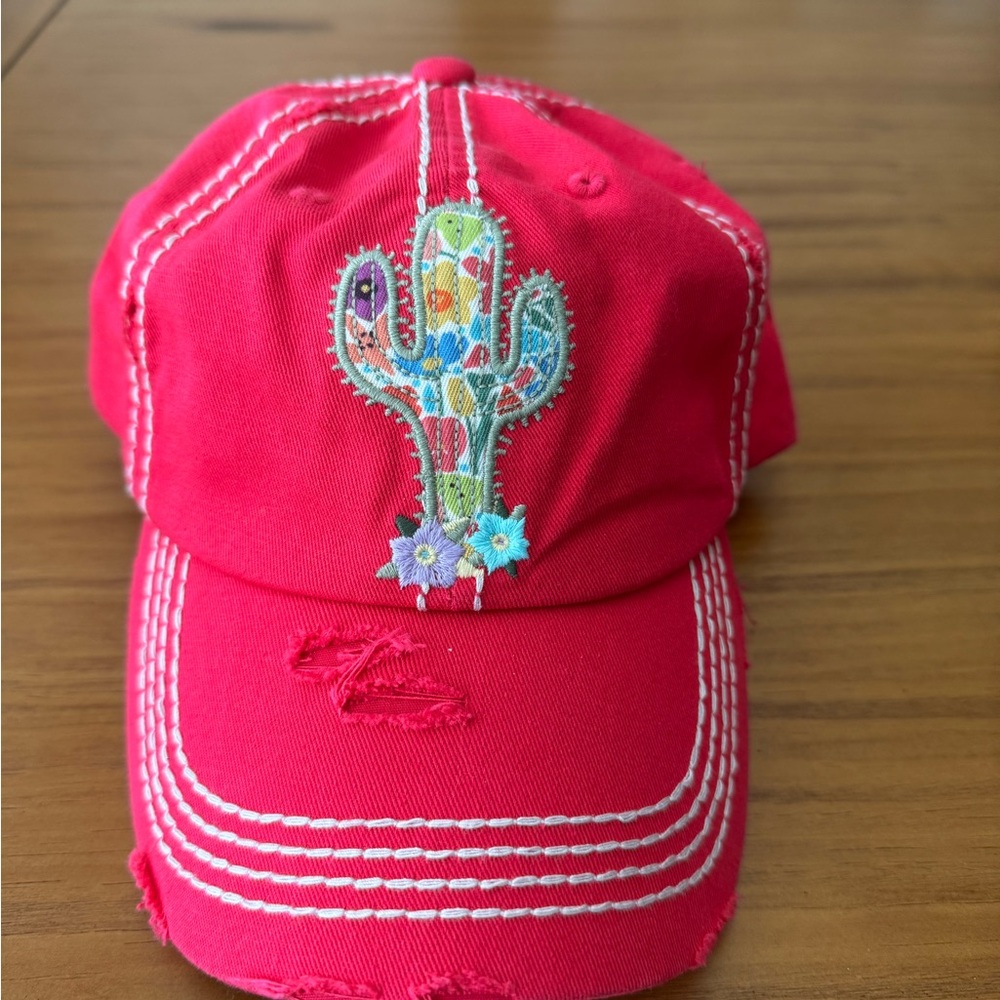 Bright pink adjustable Cactus Embroidered distressed look Cap unworn NWOT